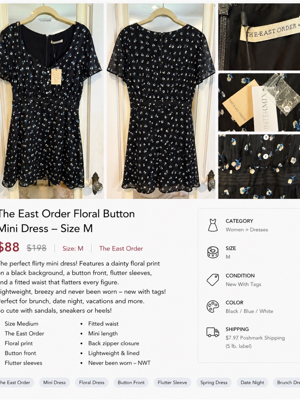 The East Order Black Floral Button-Front Mini Dress